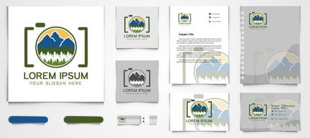 Mountain, fir, lens camera, Outdoor photography logo and business card branding template Designs Inspiration Isolated on White Background vector