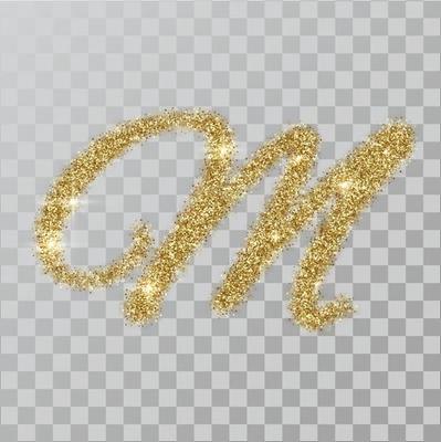Gold glitter powder letter M in  hand painted style.