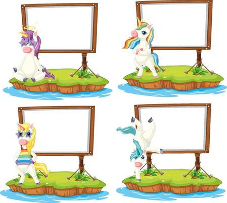 Set of different blank banners with unicorns