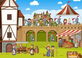 Medieval scene with knights and villagers vector