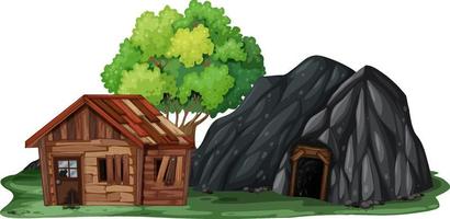 An abandoned house with a rock cave on white background vector