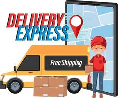 Delivery Express font logo with panel van and worker vector