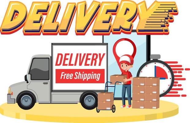 Delivery font logo with panel van and courier