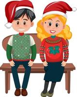 Couple man and woman wearing Christmas outfits sitting on a bench vector
