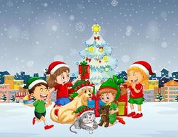 Snow falling scene with children and dogs in Christmas theme vector
