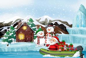 Snowy day with Santa Claus delivering gifts by rowboat vector