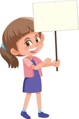 Little girl holding empty banner in cartoon style