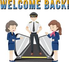 Welcome Back typography design with aircrew characters vector