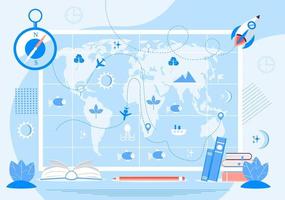 Atlas with metrics, compass, and oceans concept vector. Tiny geographers study earth. Geography and topography research illustration. Teacher in front of map in school vector