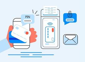 NFC terminal concept vector. NFC payments by bank credit card. POS terminal confirms e-payment using smartphone. Customers make contactless or wireless purchase. Online banking service. vector