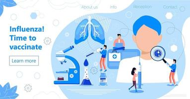 vacunación antigripal hora de vacunar. jeringa con vacuna, botella, calendario de vacunación y médicos. pequeños médicos hacen vacunas contra la gripe. conceptos de ilustración de vector de salud para sitio web