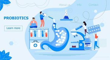 Tiny doctors give stomach probiotic bacteria, lactobacillus. Healthcare landing page, immunity support concept vector for horizontal banner, poster, flyer, website. Symbol of useful milk