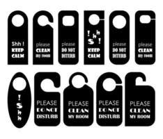 Hangers set vector icon. Black paper, plastic, cardboard door lock cards isolated on white background. Don't disturb, calm, and clean door hanger tags for apartments and room in hostel hotel