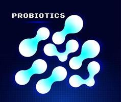 probióticos y pancarta de fluidos bacterianos en estilo futurista. logotipo de lactobacillus con texto en el ciberespacio. se muestra un vector de símbolo amorfo brillante para productos lácteos, como el yogur