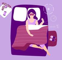 Sleep control cartoon concept vector. Young woman character uses smart watch sleep control in bed. Circadian rhythms are controlled by circadian or biological clock. Top view of bedroom vector