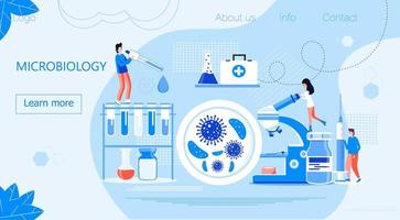 tecnología microbiológica, vector de concepto de ciencia biotecnológica. pequeños científicos estudian microorganismos en el microscopio. ilustración de investigación médica para la página de inicio