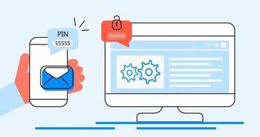 Verification pin code, security code message. Laptop and smartphone with e-mail, bubble chat. Verification online in control system for personal account. Two step authentication vector. vector