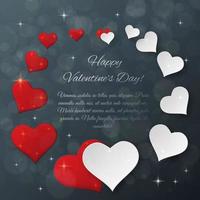 Bright Valentines day vector  background. Sparkling paper hearts on bokeh background. Greeting card design