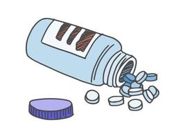 scattered pills and a bottle of medicine. vector