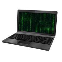 3d laptop with green matrix background on screen.  Isolated on white background. Perspective view. Web Developer Coding vector Concept