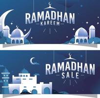 ilustración gráfica vectorial de la mezquita nocturna con fondo de cielo azul para el banner ramadhan kareem que se puede utilizar para contenido digital, banner impreso, banner web, etc. vector