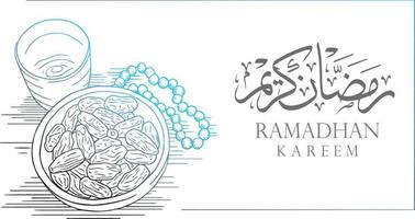 palmeras datileras vectoriales ilustración dibujada a mano con texto de caligrafía ramadhan kareem plantilla para banner vector