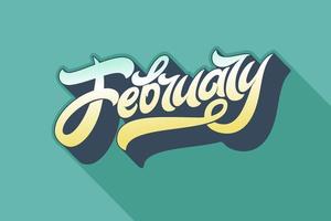 February typography on blue background with long shadow. Retro style illustration. Used for banners, calendars, posters, icons, labels. Vector brush lettering. Flat vector illustration.