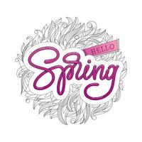 Hello Spring typography with hand sketched pattern on white isolated background. Badge typography icon. Lettering spring season with floral pattern for greeting card, invitation template. vector