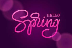 Hello Spring hand sketched logotype on dark violet background. Handmade Lettering for greeting card, invitation template, banners. Vector illustration.