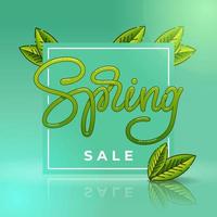 Spring Sale Banner with square frame and leaves. Template for banner, card, flyer, poster. Handmade typography. Vector illustration.