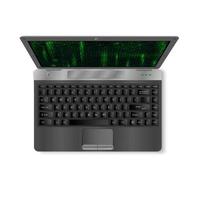 realistik laptop with green matrix background on screen.  Isolated on white background. Perspective view. Web Developer Coding vector Concept