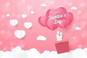 Love and Valentine day, Lovers stand and a paper art heart shape balloon floating in the sky. craft style. vector