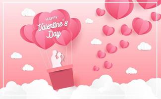 Love and Valentine day, Lovers stand and a paper art heart shape balloon floating in the sky. craft style. vector