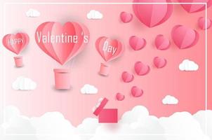 amor y día de san valentín, los amantes se paran y un globo con forma de corazón de arte de papel flotando en el cielo. estilo artesanal. vector