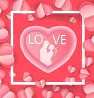 Love and Valentine day, Lovers stand and a paper art heart shape balloon floating in the sky. craft style. vector