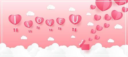 Love and Valentine day, Lovers stand and a paper art heart shape balloon floating in the sky. craft style. vector