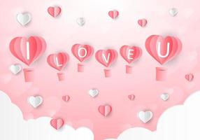 Love and Valentine day, Lovers stand and a paper art heart shape balloon floating in the sky. craft style. vector