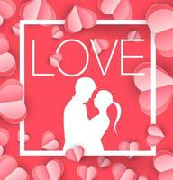 Love and Valentine day, Lovers stand and a paper art heart shape balloon floating in the sky. craft style. vector