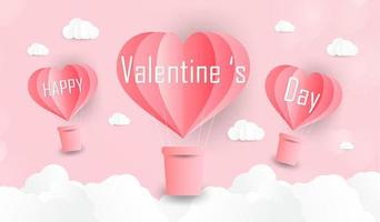 Love and Valentine day, Lovers stand and a paper art heart shape balloon floating in the sky. craft style. vector