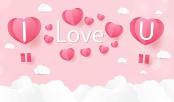 Love and Valentine day, Lovers stand and a paper art heart shape balloon floating in the sky. craft style. vector