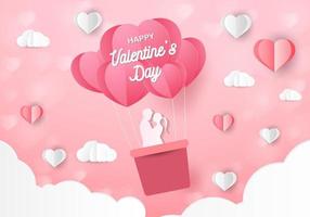 Love and Valentine day, Lovers stand and a paper art heart shape balloon floating in the sky. craft style. vector