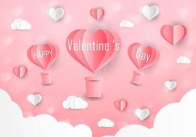 Love and Valentine day, Lovers stand and a paper art heart shape balloon floating in the sky. craft style. vector