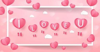 Love and Valentine day, Lovers stand and a paper art heart shape balloon floating in the sky. craft style. vector