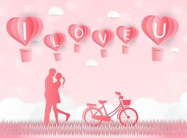 Love and Valentine day, Lovers stand in the meadows and a paper art heart shape balloon floating in the sky. craft style. vector