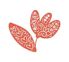 Scandinavian love modern flower and leaf with flourish swirls blossom in hygge style. vector element with heart for valentine day, romantic love greeting card, wedding holiday