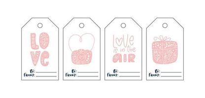 Hand drawn vector collection of Valentines Day gift tags. Love and romance tags isolated on white background. Romantic label template for holidays and wedding design
