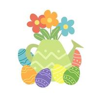 Flower bouquet in watering can and Easter eggs. Cute springtime vector on white