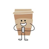taza de café de dibujos animados sosteniendo un teléfono inteligente. llevar café. feliz taza de cafe vector