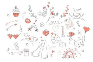 A large vector pink set of love symbols in the style of doodles