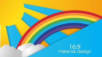 sol de verano con nubes y fondo de arco iris. estilo de corte de papel. vector